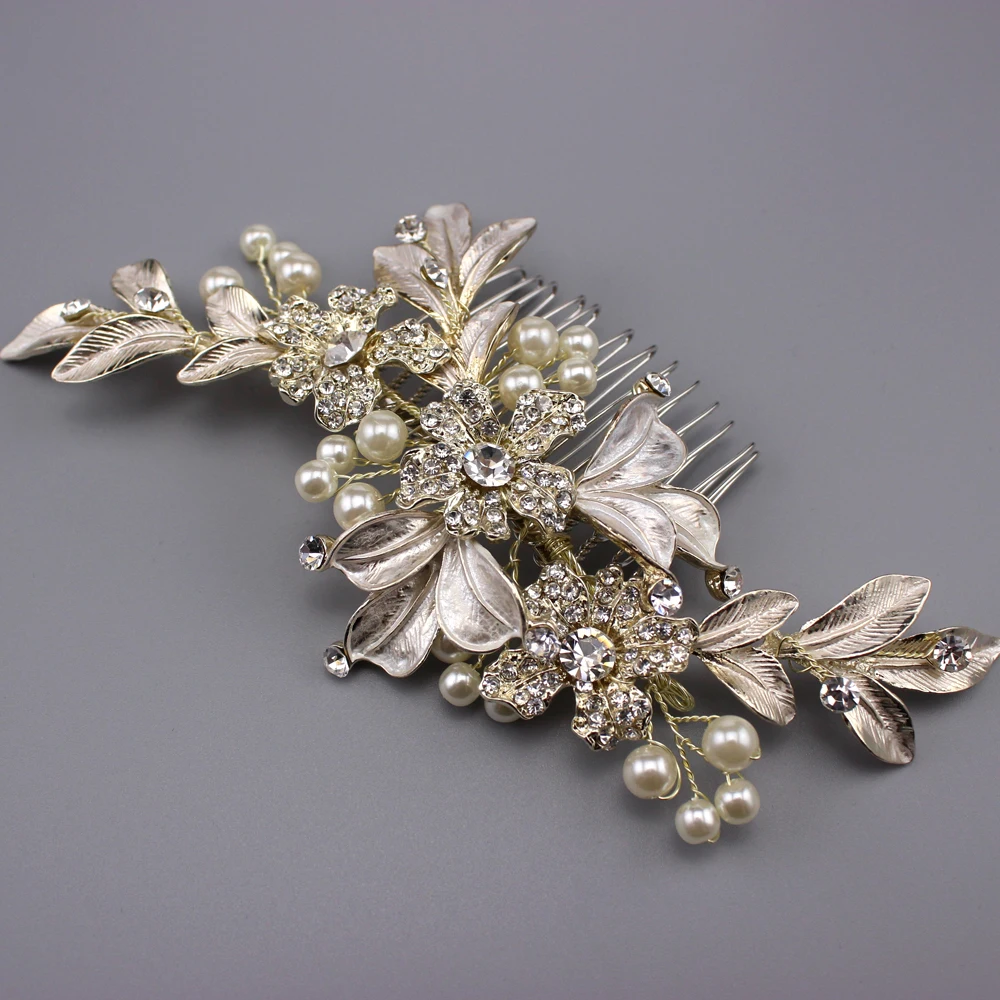 Vintage Gold Color Hair Combs Rhinestone Flowers Metal Leaves Bridal Headpiece Wedding Hair