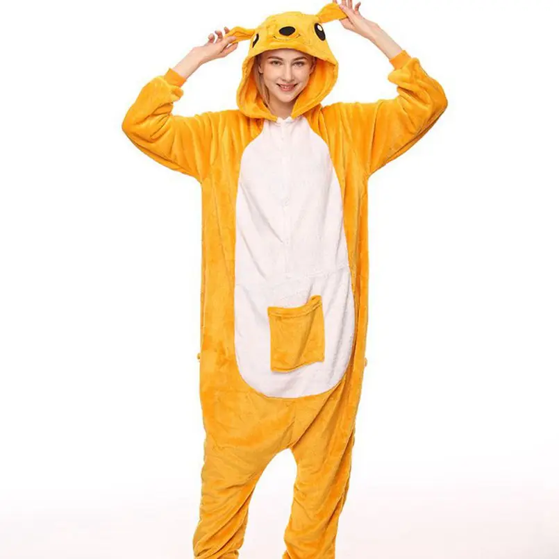 Women Kigurumi Kangaroo Pajamas Sets Flannel Animal Hooded Pajamas