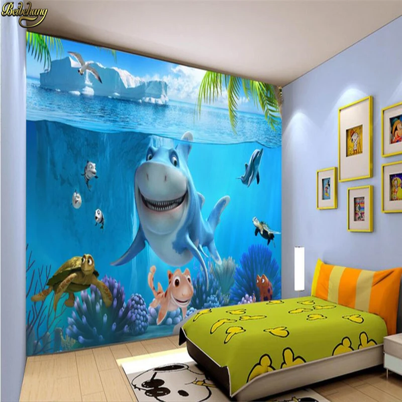 

beibehang Custom room wallpaper for walls 3 d papel de parede 3D Cartoon Shark Underwater World wall paper wallpapers kids room