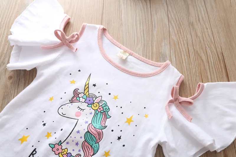 Summer Children's Clothing Sets Girls Embroidered Cartoon Unicorn T-shirt And Rainbow Skirt Suit Kids Short Sleeve Clothes Sets (11)