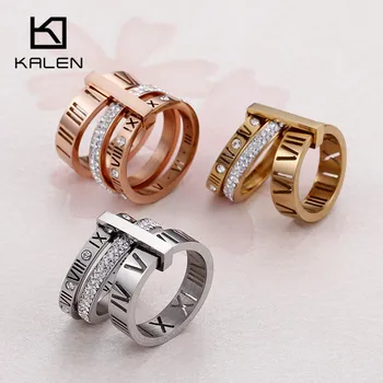 

Kalen 2017 Rhinestone Rings For Women Stainless Steel Gold Roman Numerals Finger Rings Femme Wedding Engagement Rings Jewelry