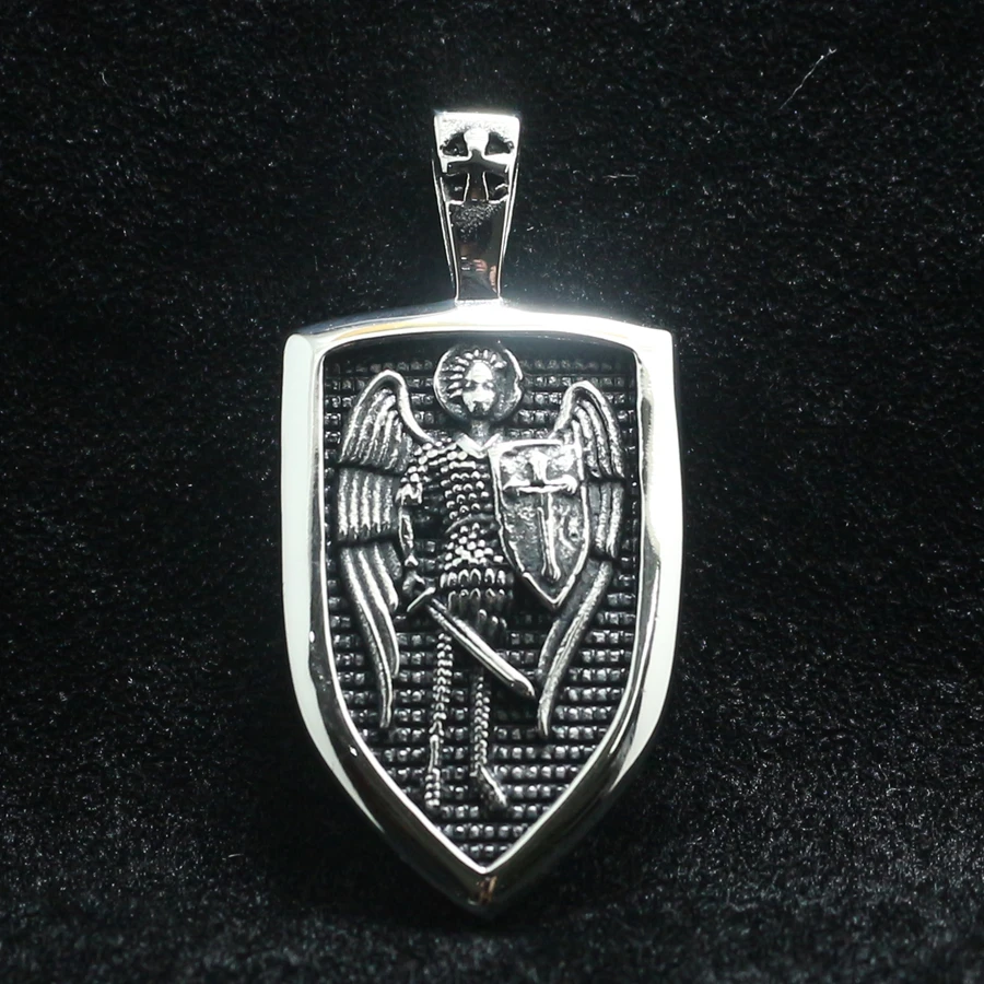

Unisex 316L Stainless Steel St. Michael Archangel Silver Cross Shield Pendant