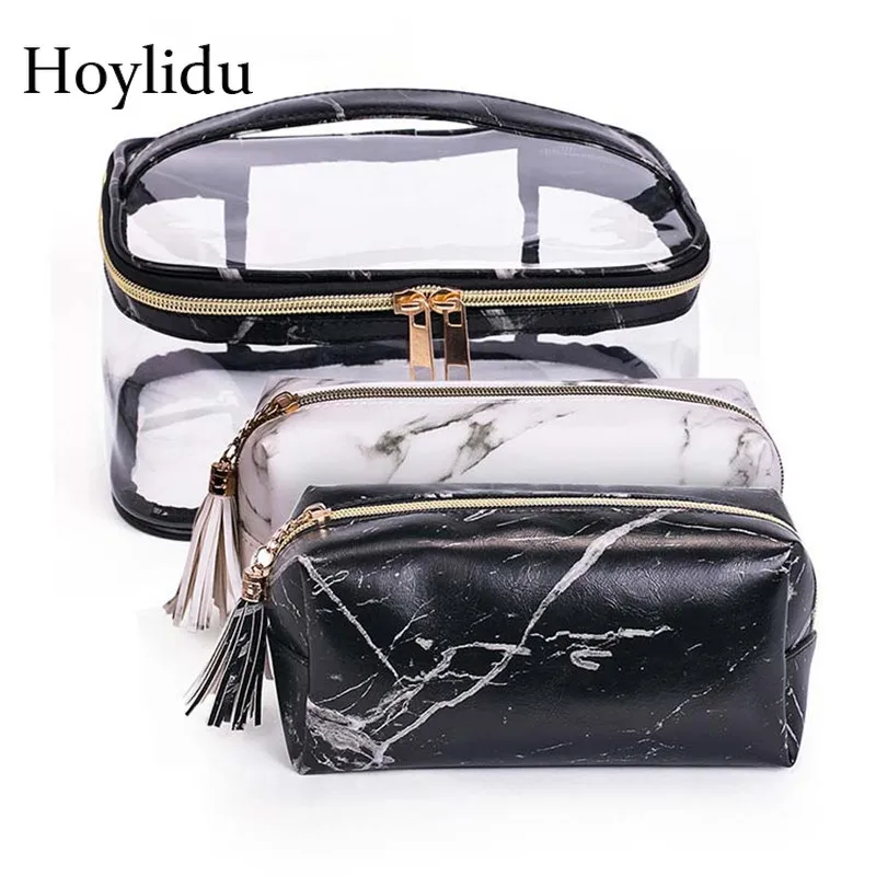 شفافة PVC الرخام التجميل حقائب سفر المرأة ماكياج فرش صندوق شفاف شرابة غسل الحقيبة للماء أحمر الشفاه أدوات الزينة حالة