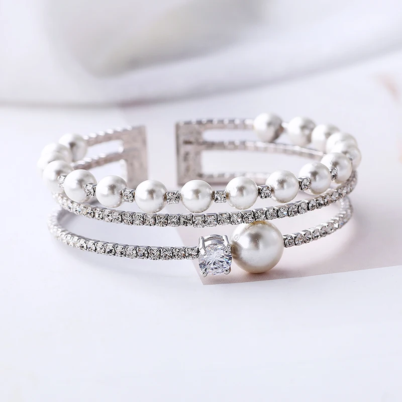 

Elegant Shinning Crystal Zirconia Micro-inlay Bangles Imitation Pearls Sweet Women Opening Bracelets Gifts Plating Jewelry