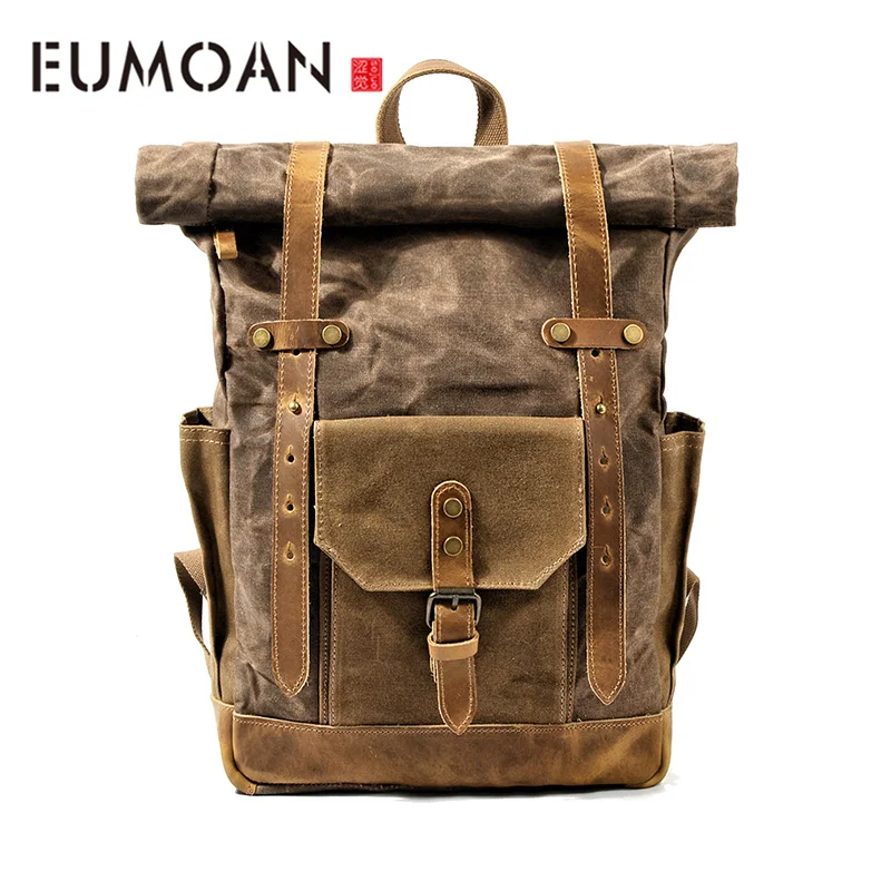 

EUMOAN Retro waterproof shoulder bag, computer canvas travel shoulder locomotive backpack, large capacity schoolbag