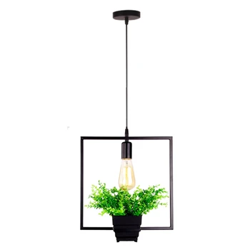 

Black Square Green Plant Hanging Lamp Retro Industrial Wind Creative Personality Chandelier Clothing Shop Cafe Restaurant Ligh
