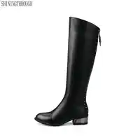 New 100% cow leather square heels women knee high western boots back zipper party wedding shoes woman black large size 43
