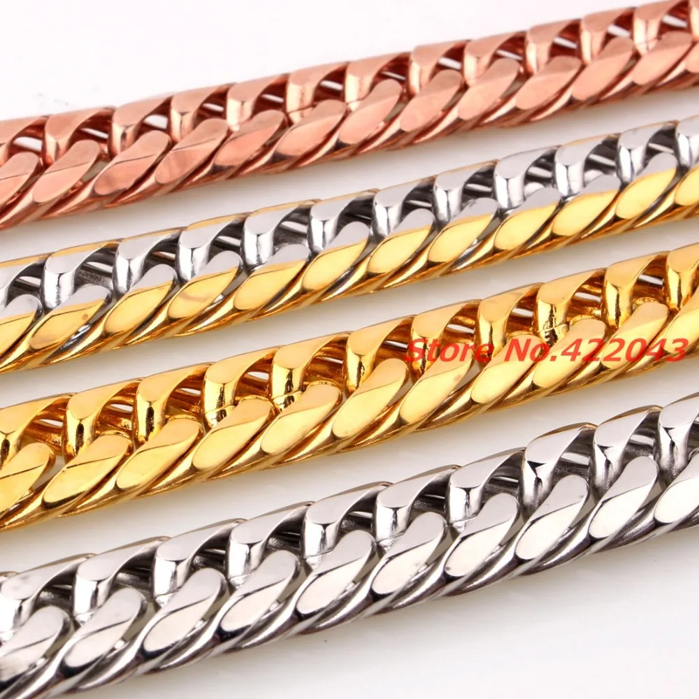 

Customized Size 7-40" Huge Heavy 316L Stainless Steel Silver Rose Gold Cuban Chain Mens Necklace&Bracelet 13/16MM Top Design