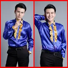 2017 male glossy laciness long-sleeve shirt formal dress stand collar costume shirt