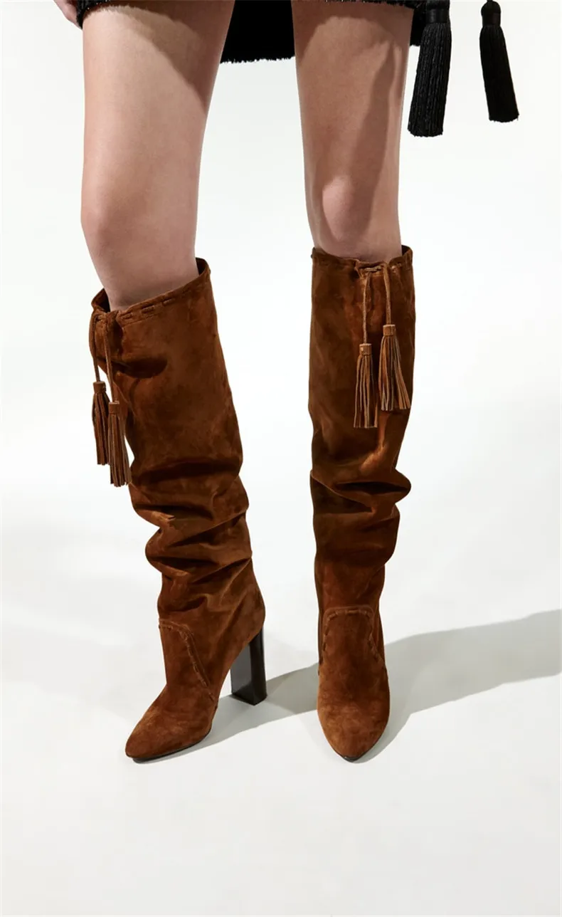 Damas Alta Borla marrón Altas Los La Punta Negro Rodilla Mujer Abesire De Cerdo En Cuadrado Zapatos Tacones Pista Moda Botas Niñas Slip XwgdFq