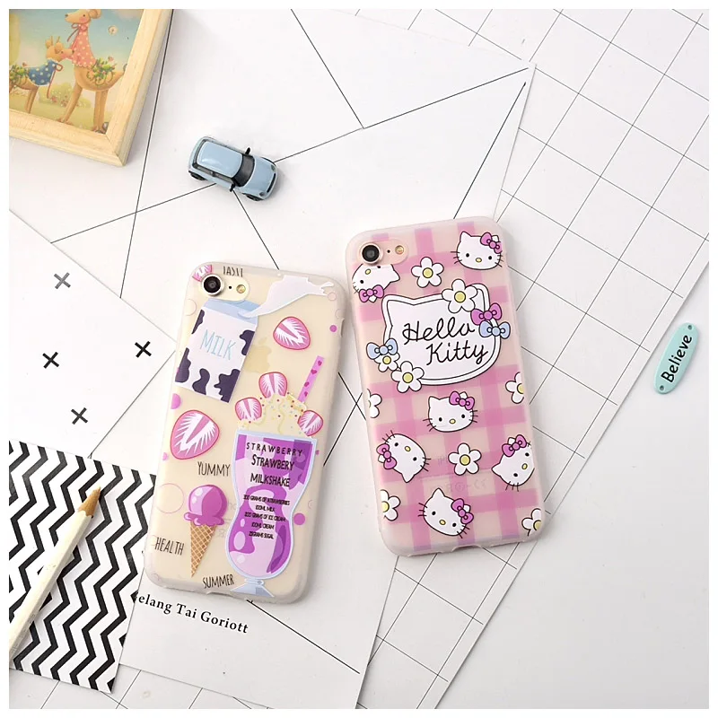 For Cartoon Cute milk KT cat Frosted TPU Soft case Phone Back Cover apple iPhone 7 Plus + With a free Gift |