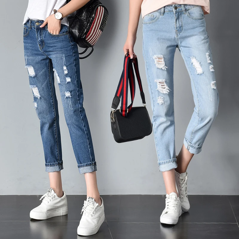 Casual Ripped Jeans Women Summer Loose Boyfriend Holes Jeans Trousers ...