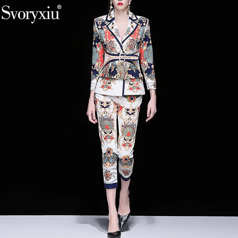 

Svoryxiu Designer Autumn Winter Two Piece Set Women's Long Sleeve Pleated Girdle Blazers + Pants Floral Print Office Lady Sets
