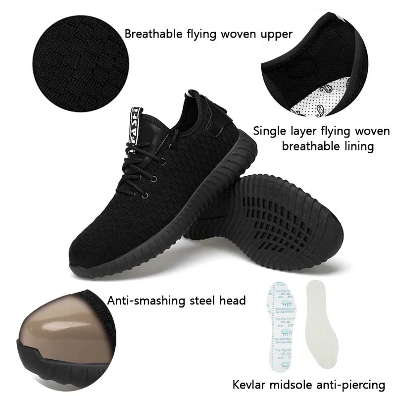 Tanie Nowa wystawa moda męska obuwie ochronne oddychające latające tkane przeciwzmarszczkowe stalowe noski na palce u stóp anty przekłuwające włókna męskie obuwie robocze
