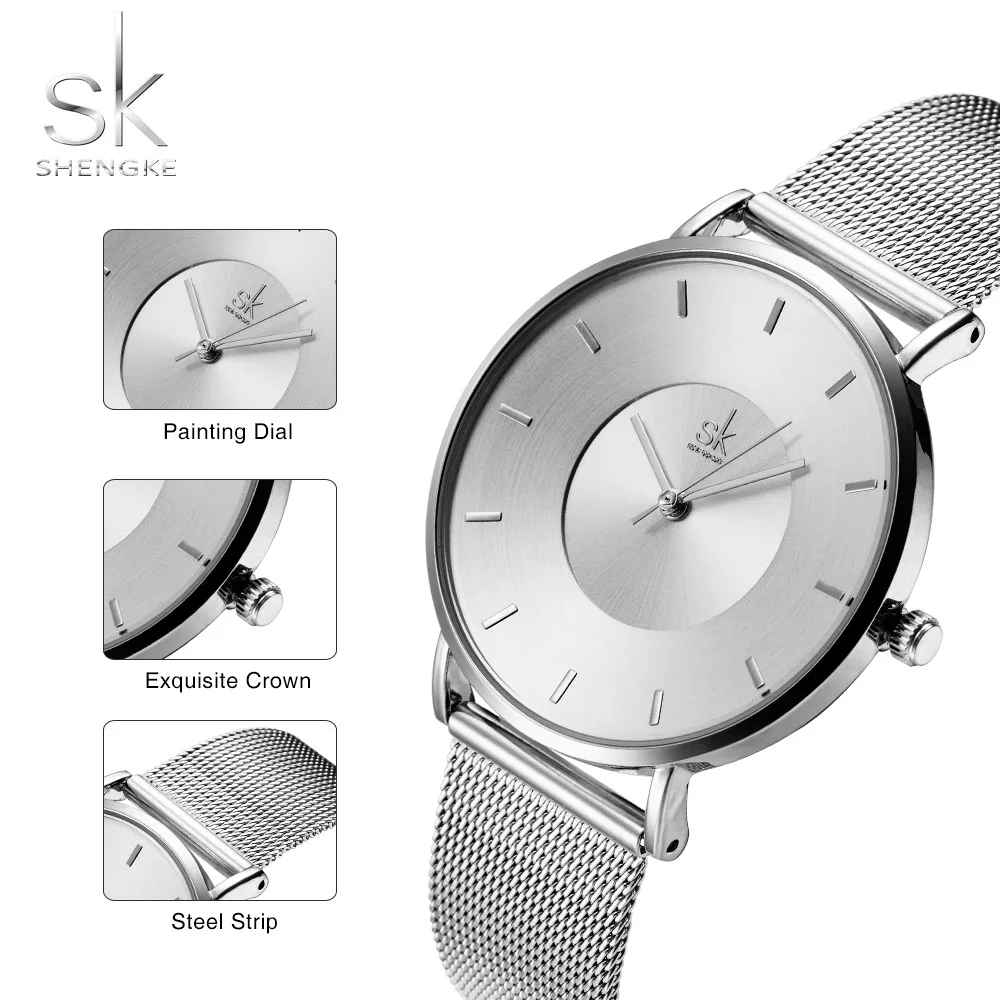 Shengke простой Для женщин Часы дамы наручные часы ультра тонкий кварцевые часы женские серебристые женские часы Relogio feminino sk