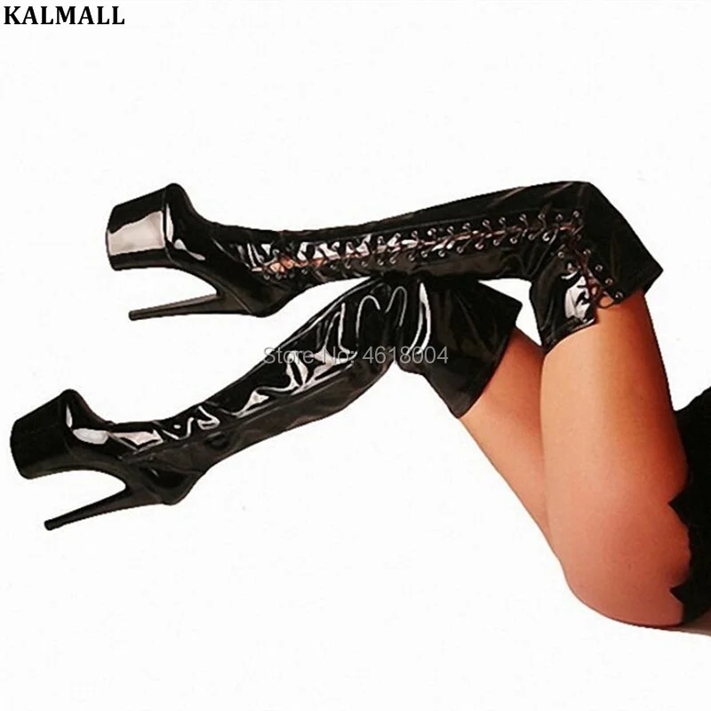 Сапоги KALMALL черные красные белые сексуальные фетиш высокие из лакированной кожи