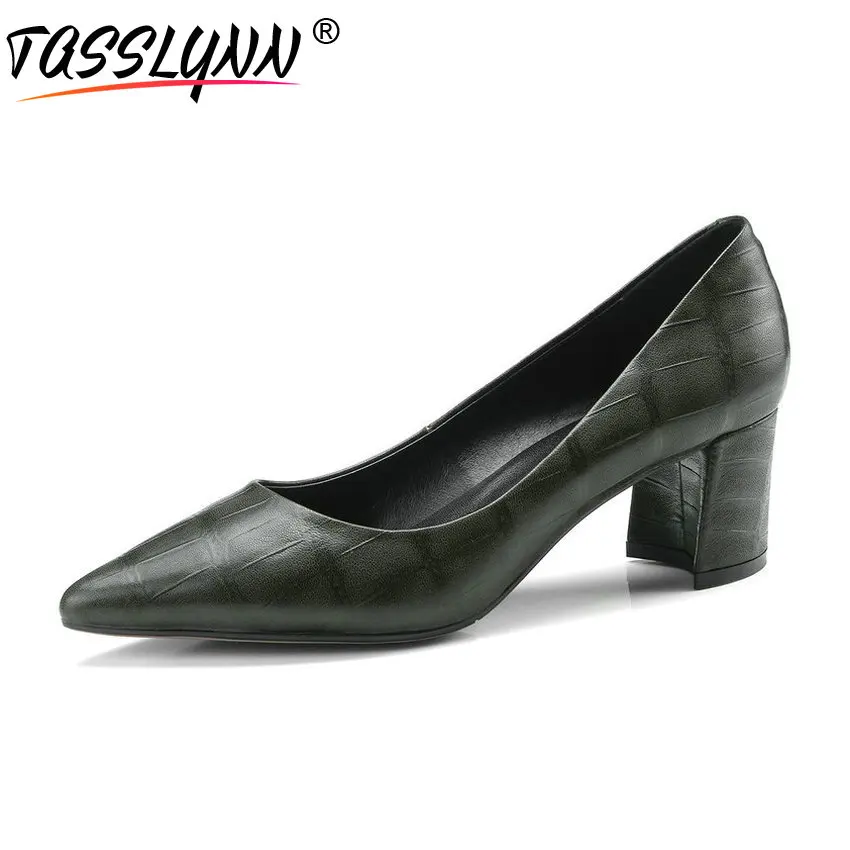 

TASSLYNN 2018 Women Pumps Spring Printed Cow Leather PU Slip on Shallow Hoof High Heels Pointed Toe Pumps Women Shoes Size 34-43