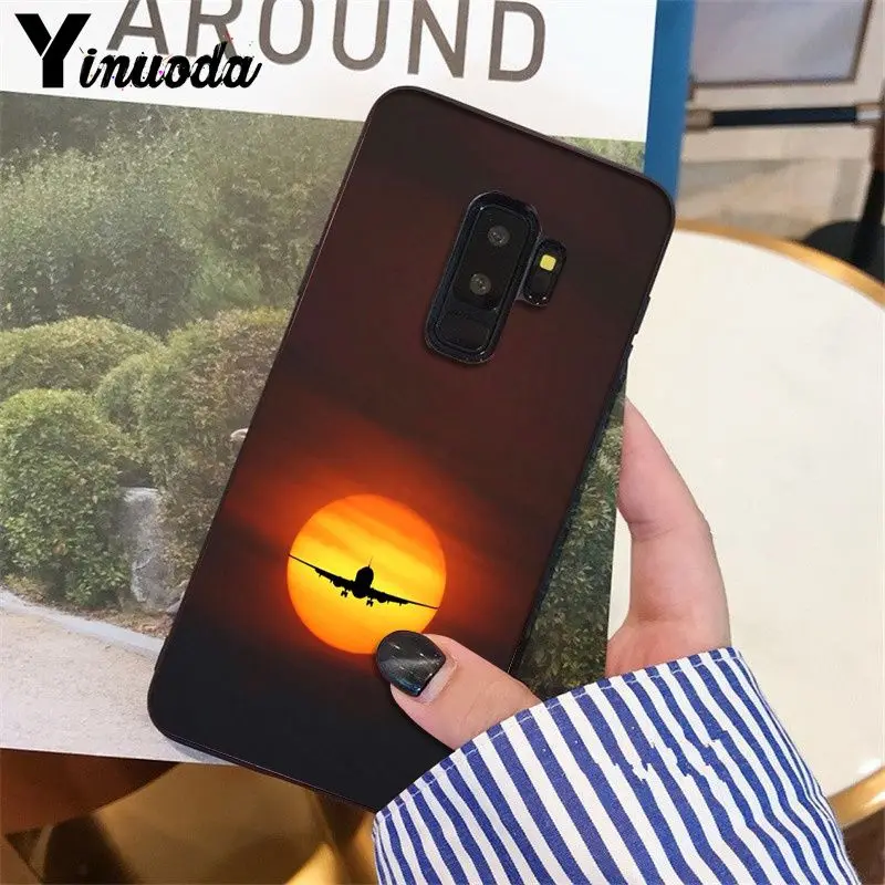 Airplane travel in the sunset