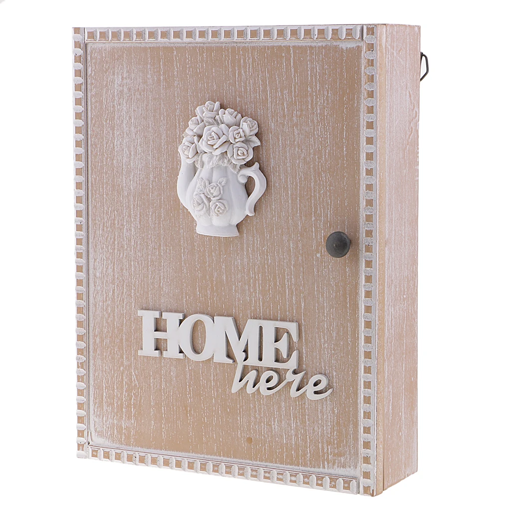 Shabby Chic Style Wooden Key Storage Box Wall Mount Shelf Cabinet Cupboard Rack with 6 Hooks Home Organizer for Letter