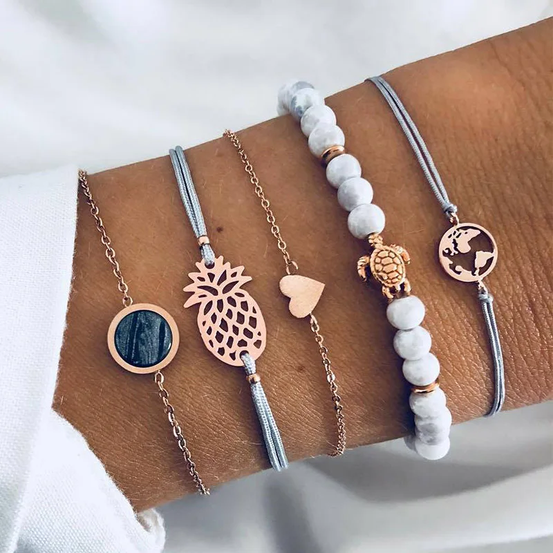 

Miss JQ 5 Pcs/Set Bohemian Map Sea Turtle Bracelets Set For Women Girl Link Pineapple Bracelet & Bangles Charm Female Jewelry