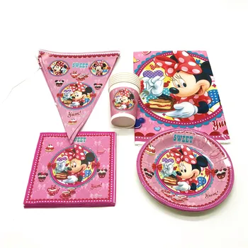 

47pcs/lot Disney Minnie Mouse Theme Girl Birthday Party Cartoon Minnie Tableware Halloween Cup Plate Napkin Banner Tablecloth