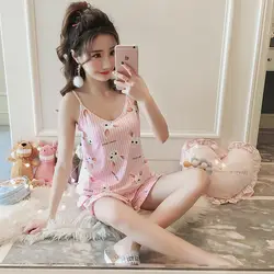 Foply Для женщин пижамный комплект с принтом Satin Pajama Set 2018 О-образным вырезом Спагетти ремень рукавов пижамы Для женщин пикантные летние