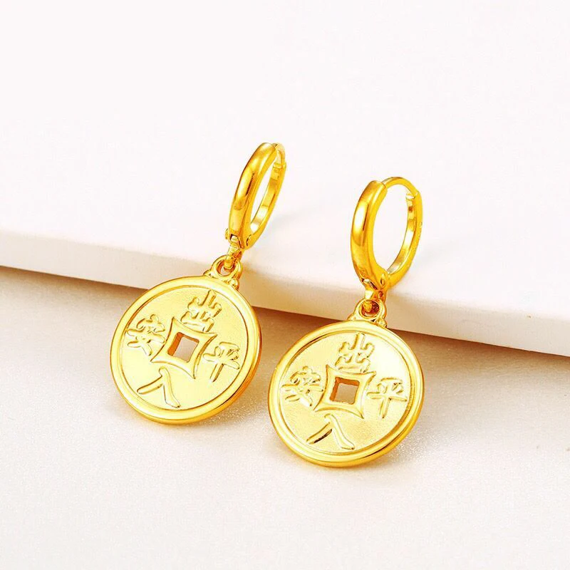 MxGxFam китайские-монеты счастливые ювелирные изделия Висячие серьги для женщин 24 k цвет чистого золота без камня хорошее тридиальное китайское слово