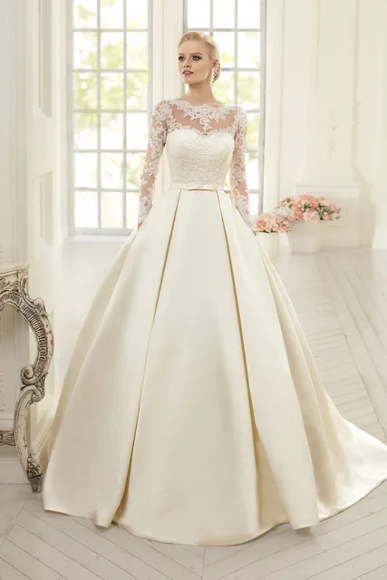 7374 30 De Réductionélégant Simple Manches Longues Robes De Mariée Avec Dentelle 2019 Col Haut Bouffi Dos Nu Robes De Mariée Vestido De Noiva