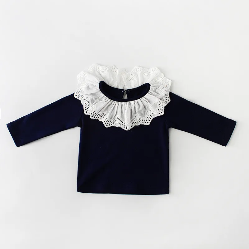 Одежда для младенцев коллекция года, Новые Осенние футболки с длинными рукавами для маленьких детей милая хлопковая Футболка принцессы с кружевным воротником для маленьких девочек футболки для малышей - Цвет: navy blue as pct