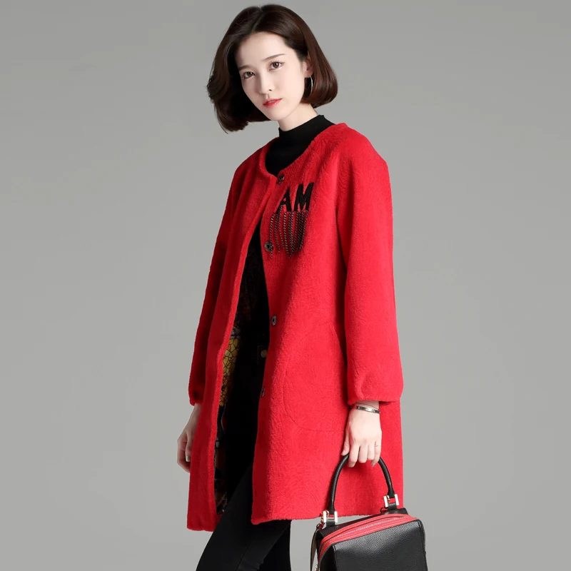 À 2018 De Outwear Red Femmes Manches Design Motif Chaud Hiver black Nouveau Womens'fur Laine Manteau Lettre Mode Longues Fourrure k0wP8nXO