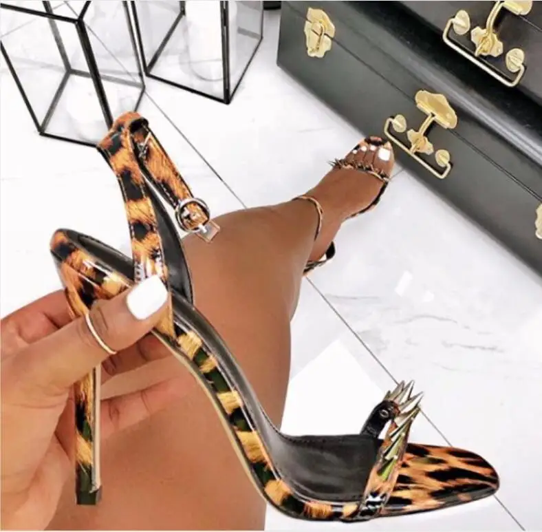 

Sexy Leopard Rivets Sandals Women Pointed Toe Super High Heel Stilettos Woman Buckle Strap Party Shoes