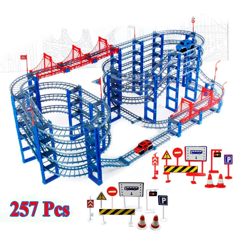 257 قطعة DIY المسار سيارة Diecasts لعبة المركبات السكك الحديدية سيارة الطريق تجميعها الألعاب التعليمية