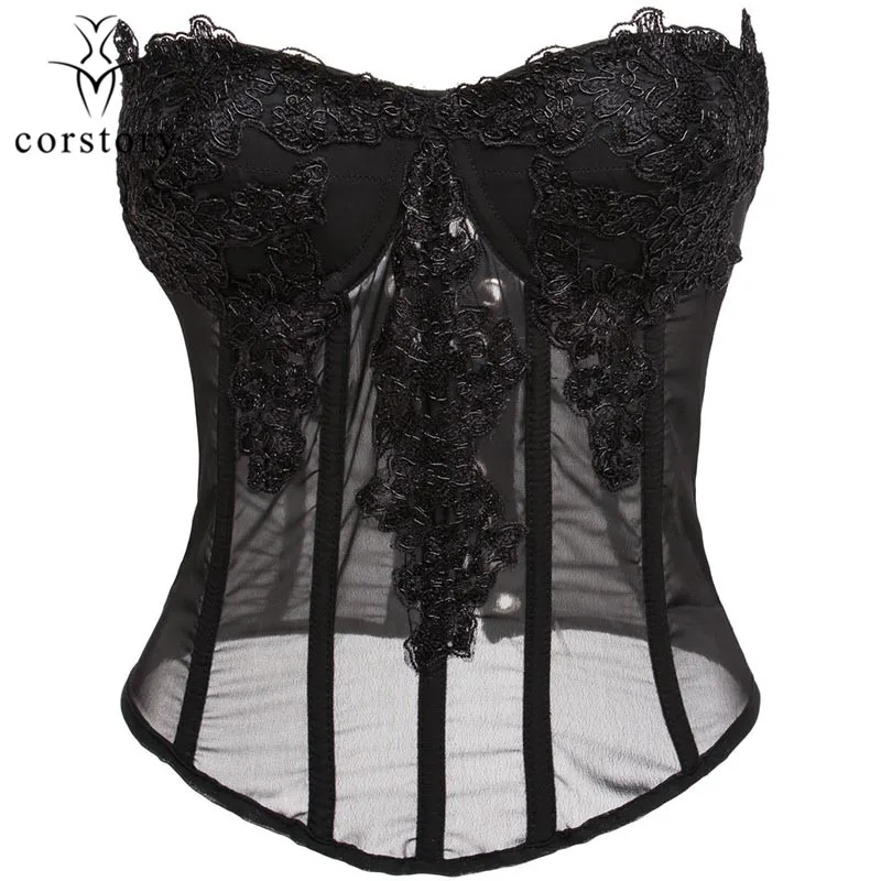 

Black Floral Lace Appliques Sexy Corset And Bustier Steampunk Transparent Chiffon Korsett For Women Burlesque Gothic Clothing