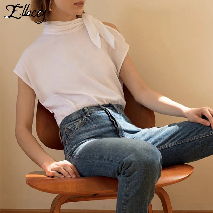 Ellacey 2018 Summer Loose White T-shirt Women One Shoulder Short Sleeve Top T shirt Bow Tie Collar Female Tee Shirt Tops Tees | Женская