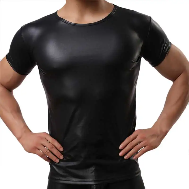 New Black T Shirt Men 2016 Mens Fashion Faux Pu Leather Design Slim Fit ...