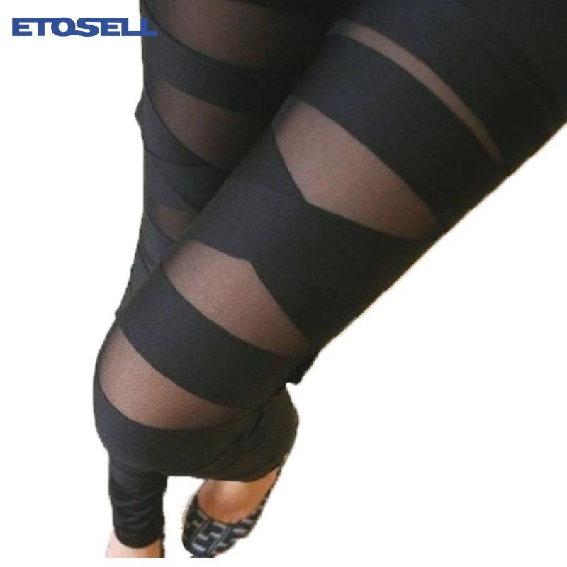 

ETOSELL Women Girls Sexy Bandage Black One Size Mesh Leggings Ladies Fashion Ladies Plus Size Pants Ripped Leggings