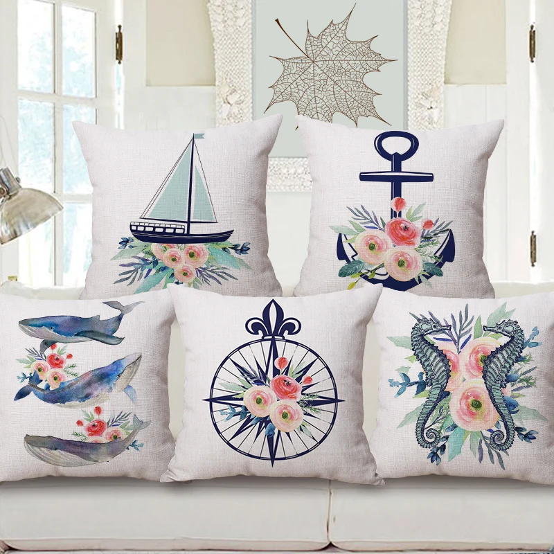 

Watercolor Whale Sea Horse Cushion Cover Flower Boat Anchor Pillow Cover Thick Linen Pillow Case Bedroom Decor