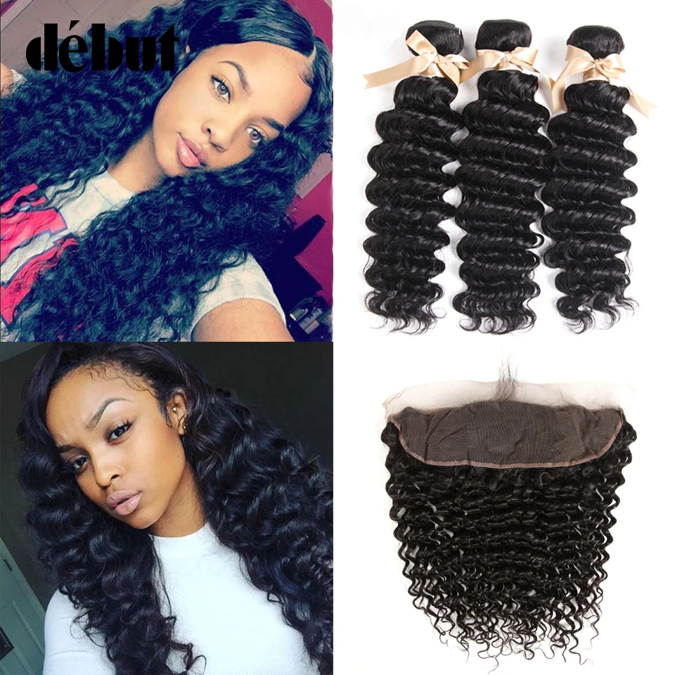 

Debut Peruvian Hair Bundles With Closure Deep Curly 3 Bundles Human Hair Natural Color Hair Bundles With 13*4 lace Closure