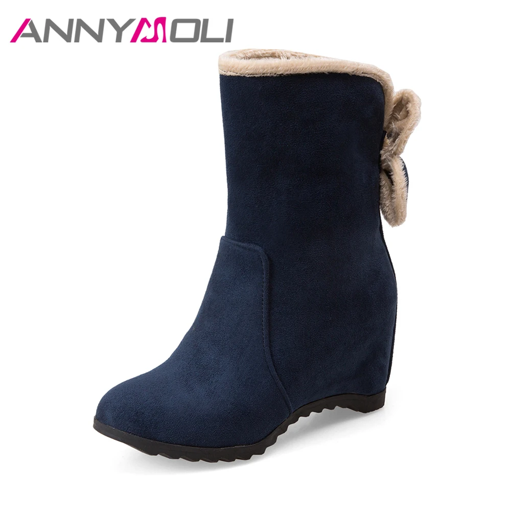 

ANNYMOLI Winter Boots Women Mid-Calf Boots Flower Wedges Fashion Velvet Boots Increasing High Heels Shoes Blue Red Big Size 43