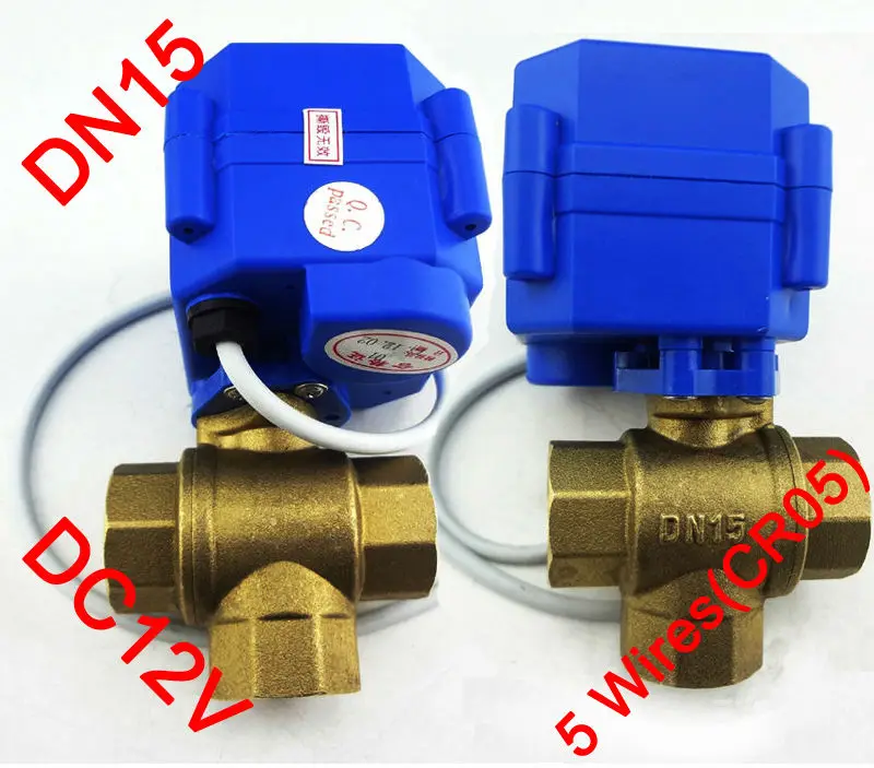 

1/2" Electric Valve 3 way T port, DC12V Motorized ball valve 5 wires(CR05), DN15 electric valve for flow direction control
