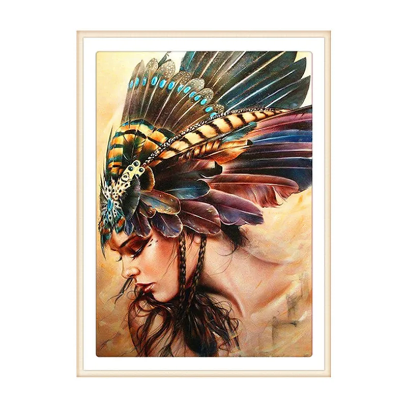 

Round Diamond 5D Diamond Portrait Indian Feather Cross Stitch Diamond Embroidery Mosaic Home Decor Special Gift
