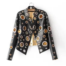 Модная мотоциклетная кожаная куртка с дырками и заклепками, Короткая кожаная куртка, пальто, европейский и американский модный воротник