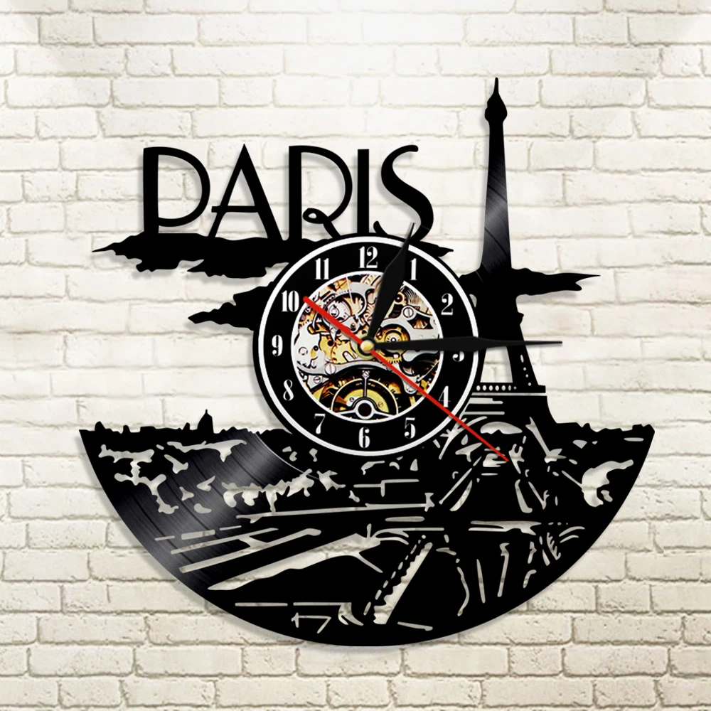 

1Piece Paris Decor Eiffel Tower Silhouette Paris Clock French Paris Cityscape Skyline Wall Decor Made Of Vinyl Record Clock Gift