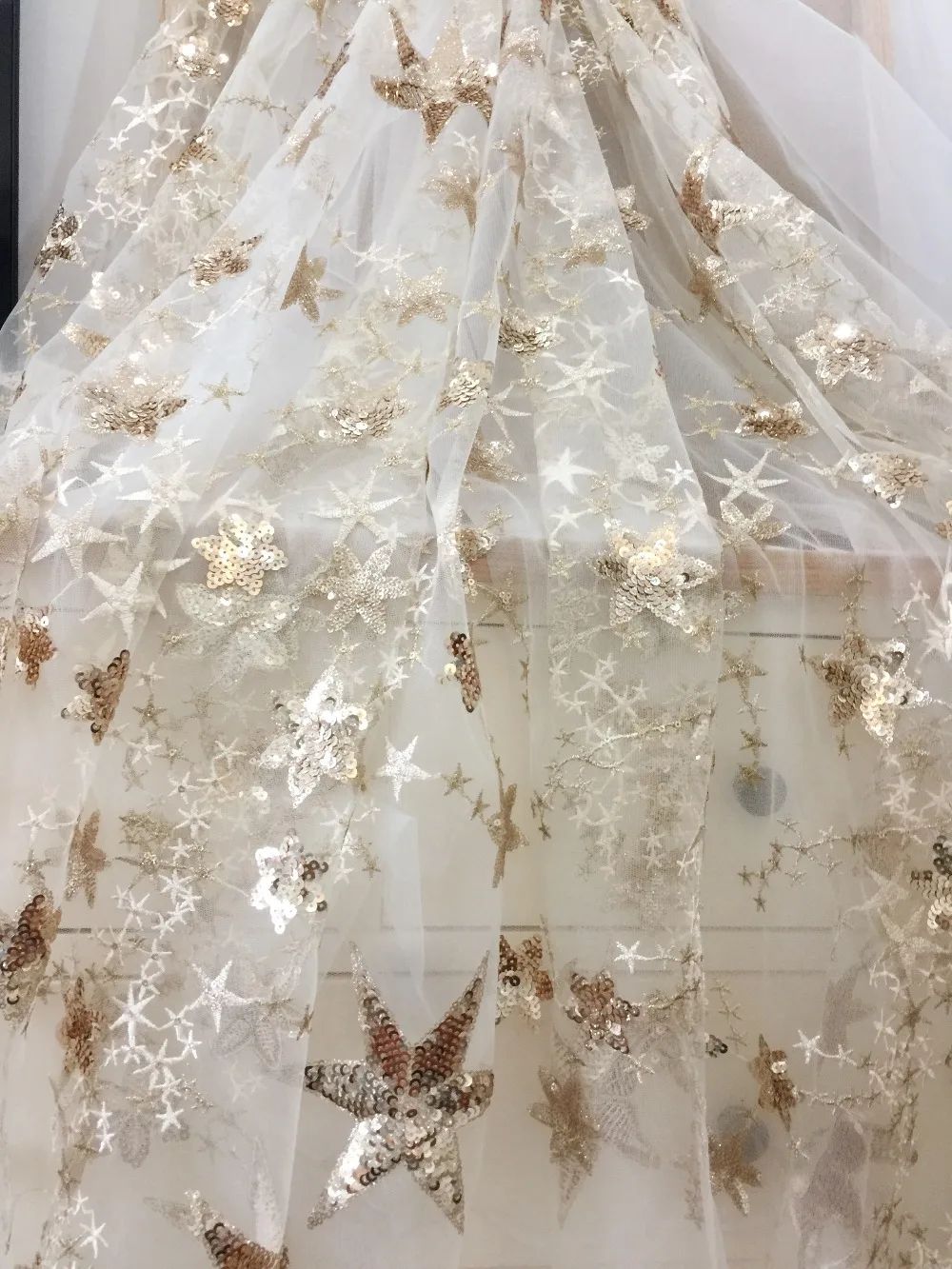 Высокое качество 3D золотые блестки Звезда вышивка кружевной ткани в шампанского тюль для коктейльного платья, платья, свадебная вуаль от кутюр
