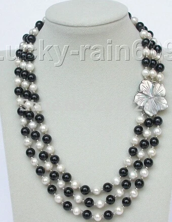 

FREE SHIPPING>>>@@ Wholesale price S ^^Genuine 17"-20" 8mm 3row round white freshwater pearl black agate necklace e1780