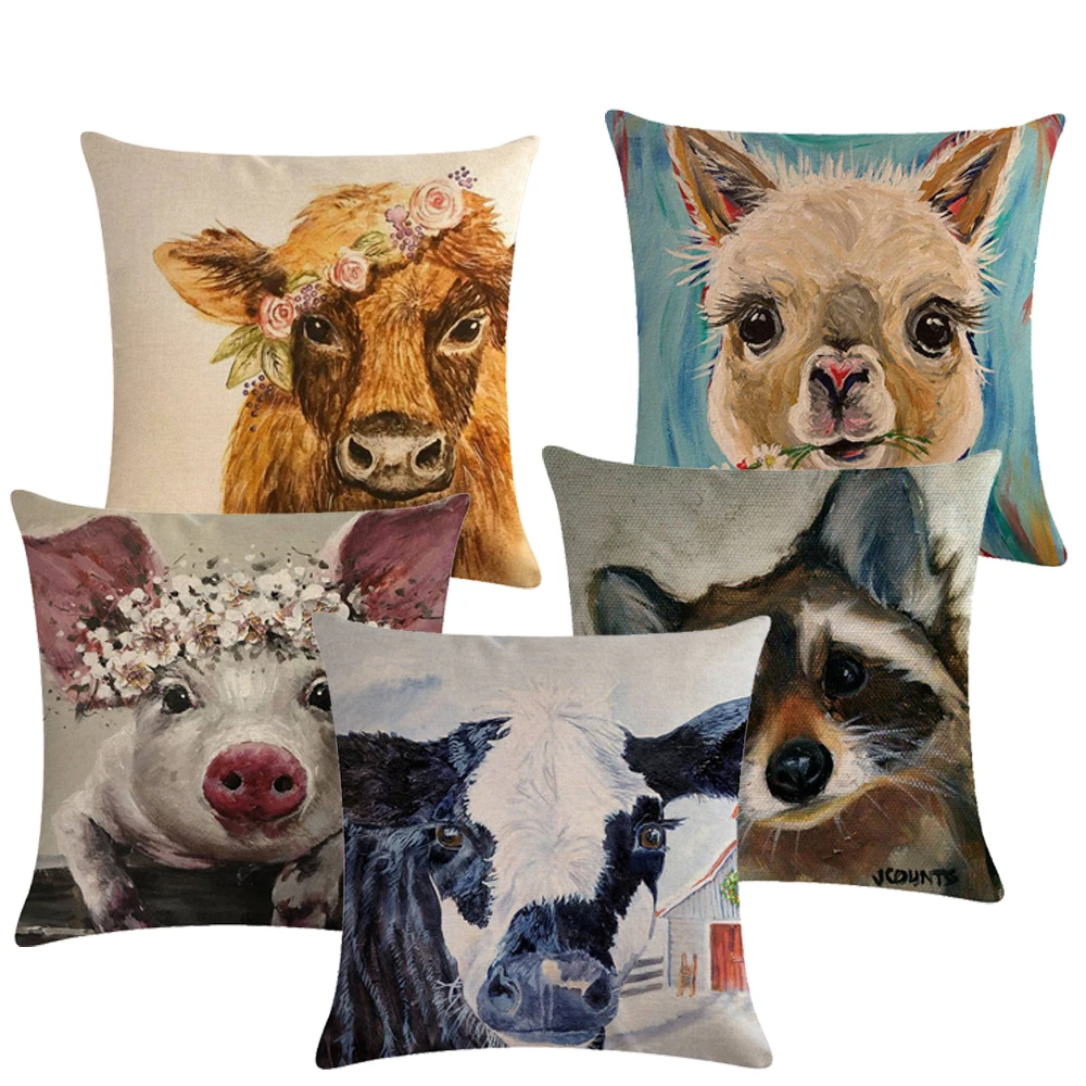 Farm Animal Linen Cotton Pillow Cover Sofa Cushion Cover Household
