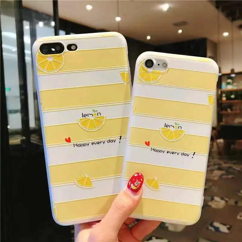 

Stylish striped lemon embossed case for iphone 11 11p max XS Max XR 7 7plus 6S 8 Plus X fruit lime striped matte soft back cover