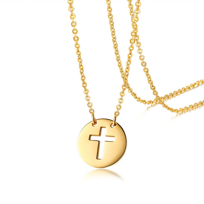 

Japanese and Korean fashion simple ladies hollow necklace stainless steel cross coin necklace gold