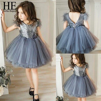 

HE Hello Enjoy Baby Girl Princess Kids clothes round neck sleeveless Tassel Tulle Polyester backless Sequin Party Mini Dresses
