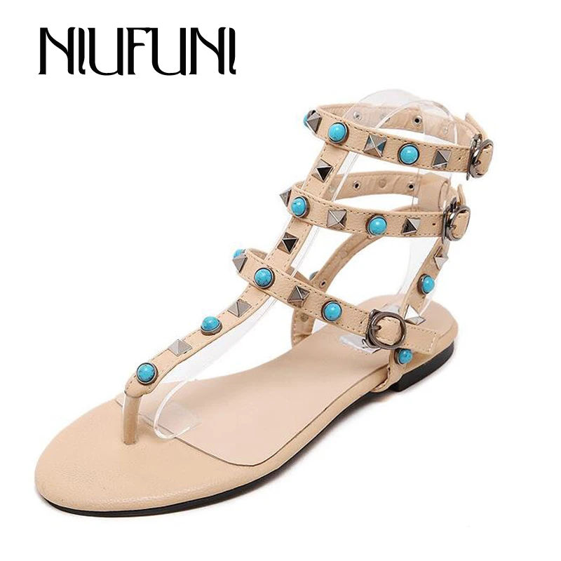 

Summer Rivets Gladiator Shoes Woman Buckle Strap Flat With Women Sandals T-Tied Rome Plus Size 45 European Females Sandalias